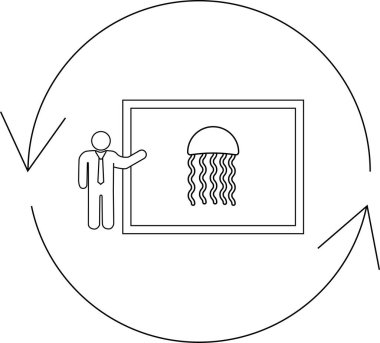 Bir sunucu, sürekli bir döngü ya da süreci sembolize eden dairesel bir diyagram içinde denizanasını gösteren bir ekranın yanında duruyor..