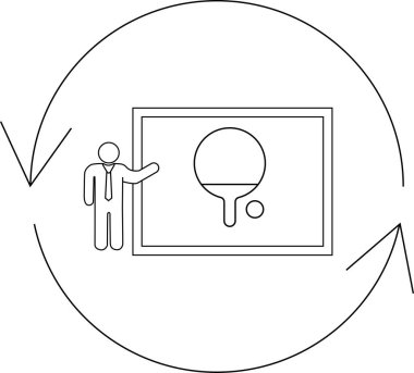 A conceptual illustration showing a ping pong strategy presentation, featuring a presenter icon and circular arrows indicating a cycle or process.