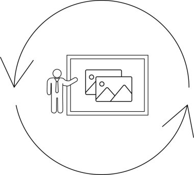 Dairesel bir okla çevrili, sürekli bir döngü ya da sunum döngüsünü sembolize eden bir kişi ekranda görüntüler sunar.