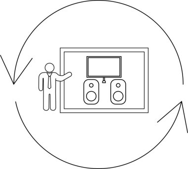 Bir ev sinema sisteminin sunumu dairesel bir ok içinde, bir eğlence döngüsü veya gelişim göstergesi olarak resmedilir..