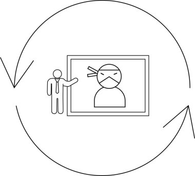 A presenter points to a screen showing a ninja character, all enclosed within a circular arrow, suggesting a cycle or loop.