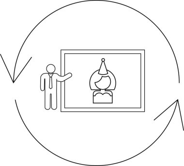 Bir kişi parti şapkası takan bir kadının portresini sunar, dairesel, yinelemeli bir süreç ya da geri bildirim döngüsü içerisindedir..