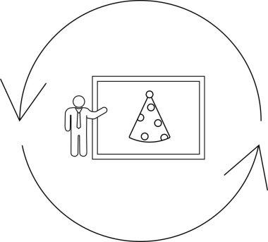 Bir kişi, basit bir çizgi çiziminde tasvir edilen döngüsel bir süreci veya yinelenen bir olayı sembolize eden bir parti şapkasını tahtaya koyar..