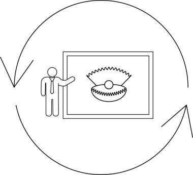A person presents a pearl in an oyster, surrounded by circular arrows, symbolizing a cyclical process or presentation.