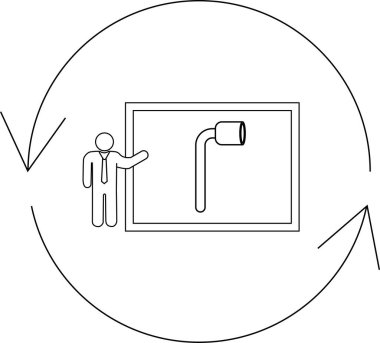 A person presents a pipe design on a board, surrounded by a circular arrow, symbolizing a continuous process or workflow.