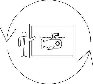 A person presents a submarine design within a circular diagram, symbolizing a cycle of innovation and development in naval technology.