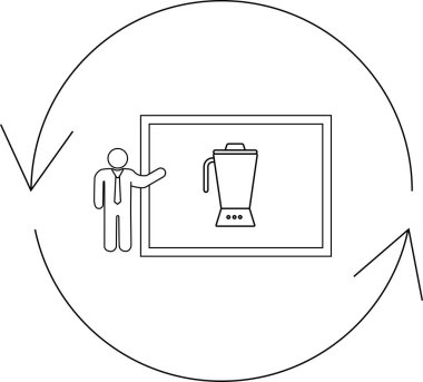 A person presents a blender on a screen, surrounded by circular arrows, symbolizing product presentation and cyclical processes.