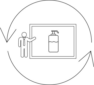 Dairesel bir okla çevrili bir panoda el dezenfektanı sunan bir kişi sürekli bir süreci veya döngüyü sembolize eder..
