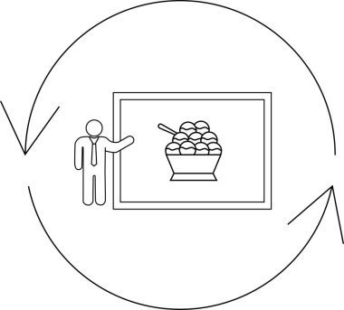A person presenting a concept of ice cream in a bowl, surrounded by circular arrows, suggesting a cycle or process.