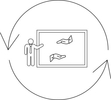A presenter stands before a diagram of hands, illustrating a cyclical process within a circular flow.