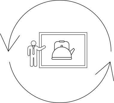 Dairesel akış diyagramı içinde, yinelemeli tasarımı ya da ürün ömrünü sembolize eden bir su ısıtıcısı tasarımı sunan bir kişi.