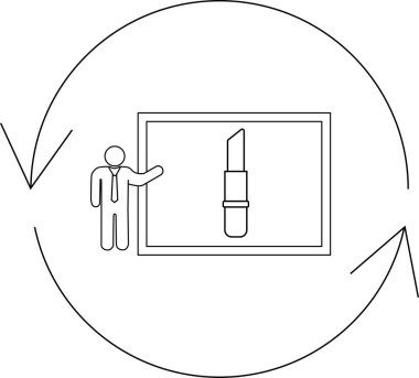 Dairesel oklarla çevrili bir panoda ruj ürünü sunan bir kişi bir döngü ya da süreç öneriyor..