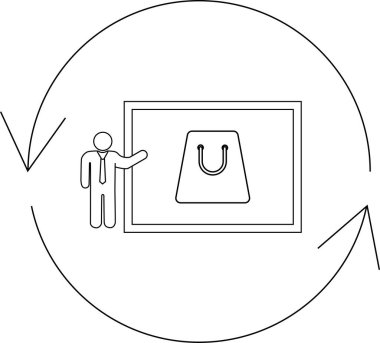 A person presents a shopping bag within a frame, encircled by a circular process diagram, symbolizing retail or business cycles.