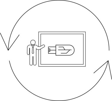 A person presents a USB drive design on a screen, surrounded by circular arrows, symbolizing a continuous loop or cycle.