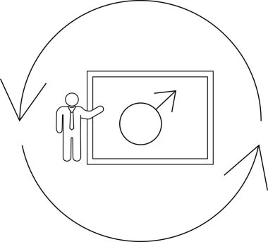 Bir sunucu, devam eden tartışmaları ve toplumsal görüşleri sembolize eden dairesel bir ok içinde özetlenmiş erkek cinsiyet sembolünü gösteren bir ekranın önünde duruyor..