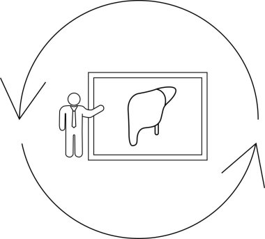 Daire şeklinde okla çevrili karaciğer anatomisini sunan bir kişi sürekli öğrenmeyi ve tıp eğitimini simgeliyor..