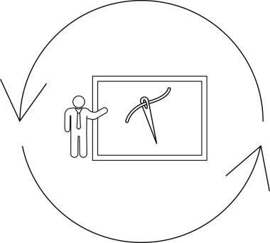 A person presenting a sewing needle on a board, surrounded by circular arrows, suggesting a process or cycle related to sewing or needlework.
