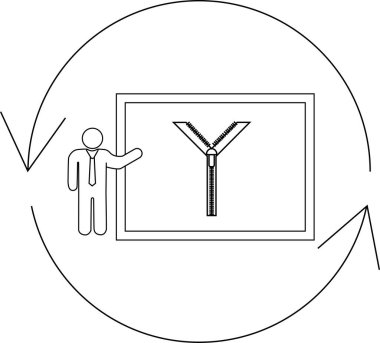 Bir sunucu, dairesel bir süreç içinde dizayn veya yinelemeli gelişimi sembolize eden bir fermuar diyagramının yanında durur..