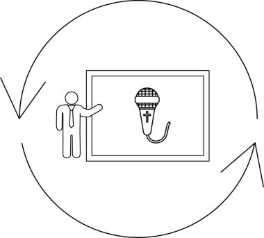 Bir sunucu mikrofon simgesini gösteren bir ekranın yanında duruyor, hepsi dairesel akış diyagramı içinde, iletişimi ve geri bildirimi sembolize ediyor..