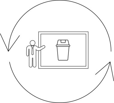 Geri dönüşüm ve atık yönetimi kavramları sunan bir adam, bir çöp kutusu ve ok diyagramı ile dairesel ekonomiyi vurguluyor.