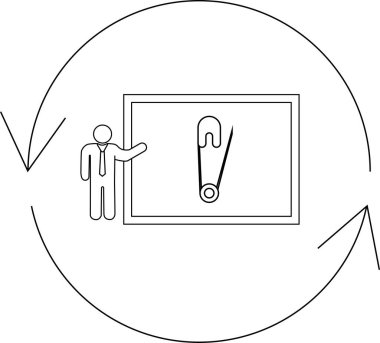 Illustration of a person presenting a safety pin on a board, surrounded by a circular arrow, symbolizing a cycle of ideas, solutions, or processes.