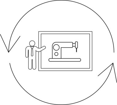 An illustration of a person presenting a sewing machine diagram, surrounded by circular arrows, symbolizing training or a process.