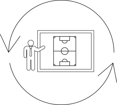 A soccer coach presents a strategy on a field diagram, illustrating the coaching cycle with arrows.