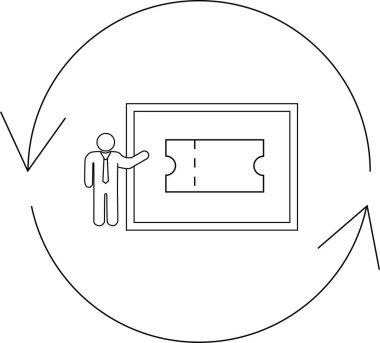 Bir adam, bilet değişimi ya da kefaret sürecini sembolize eden dairesel bir okla çevrili bir çerçeve içinde bir bilet sunar..