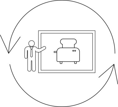 Çerçeve içinde bir tost makinesi sunan, dairesel akış diyagramı ile çevrelenmiş, süreci ya da döngüyü sembolize eden bir kişinin canlandırması.