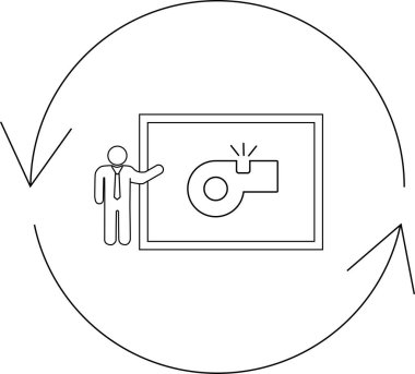 A simple line art icon depicting a person presenting a whistleblower training session, emphasizing the importance of reporting misconduct and ethical concerns within an organization.