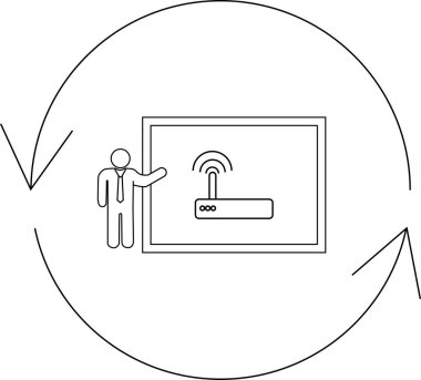 Kablosuz teknolojiyle ilgili bir sunum. Yönlendirici simgesiyle ekranı gösteren bir adam. Hepsi dairesel bir ok içinde..