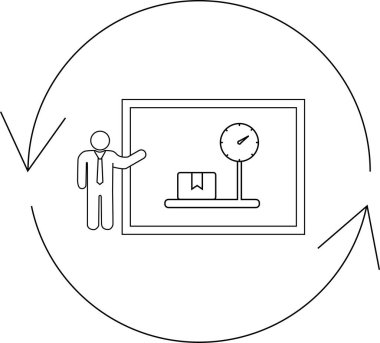 Dairesel bir akış içinde, bir ağırlık ölçüm süreci sunan bir diyagram, bir ölçek ve paket ile tasvir edilir.