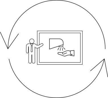 A line art illustration showing a person presenting a hand dryer diagram within a circular flow, symbolizing a process or cycle.