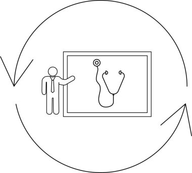 A doctor presents a stethoscope on a screen, within a circular diagram, symbolizing medical information and healthcare.