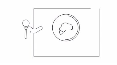 Bir sunucunun beyaz bir tahtanın üzerindeki büyüteç altında kruvasan tartışmasını gösteren basit bir çizim..