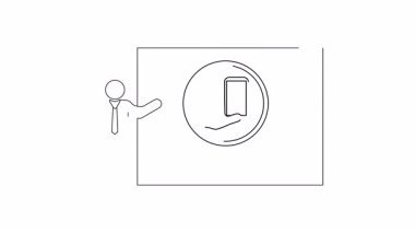 Bir ekranın yanında duran bir sunucunun basit bir çizgi çizimi büyüteç altında mobil bir uygulamayı gösteriyor.