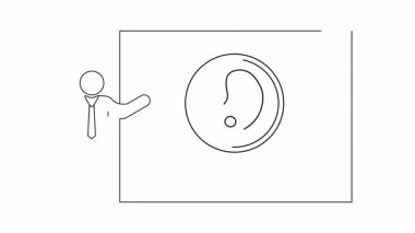 Bir ekranda büyüteç altında mikropları tartışan bir sunucuyu gösteren çizgi çizimi, eğitici veya bilimsel içerik için idealdir.
