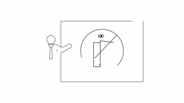 Güvenlik protokolü illüstrasyonları ve sunumları için ideal bir acil çıkış işareti sunan kişinin basit bir çizgi çizimi.