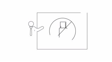 Bir iş adamı, seyahat kısıtlamaları ve politikalarının altını çizerek bagaja izin verilmediğini belirten bir slayt sunuyor. Basit satır sanatı tarzı.