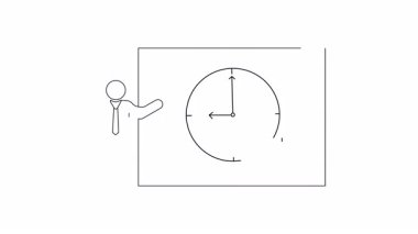 Bir sunucunun beyaz tahta üzerindeki saati kullanarak zaman yönetimini açıklayan basit bir çizgi çizimi. Eğitici içerik için ideal.