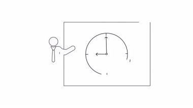 Bir sunucu, zaman yönetimi ve yeme alışkanlıkları arasındaki ilişkiyi gösteren bir kurulun yanında duruyor ve dengeli programların önemini vurguluyor..