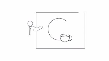 Bir sunucu, planlanmış kahve molasını simgeleyen bir saat ve kahve fincanını gösteren bir tahtanın yanında duruyor..