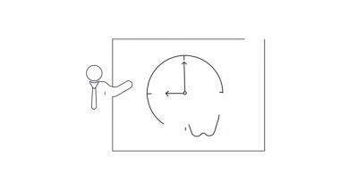 Eğitimde zaman ve bilginin önemini sembolize eden, saat ve elma sunan bir öğretmeni tasvir eden basit bir çizgi..