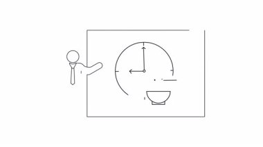 Bir saat ve bir kase erişte sunan birini gösteren basit bir çizim, öğle yemeği zamanını ya da planlanmış yemek molasını sembolize ediyor..