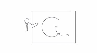 Bir sunucuyu, zaman yönetimi kavramlarını beyaz tahtadaki saat diyagramını kullanarak açıklarken gösteren basit bir çizgi. Eğitim veya iş içeriği için ideal.