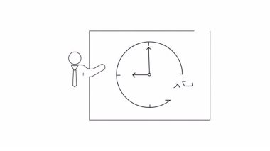 Bir sunucunun saat ve el illüstrasyonunun yanında basit bir çizgi çizimi, zaman yönetimi veya son teslim tarihi kavramları için ideal.