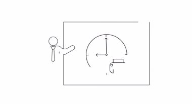 Bir sunucunun beyaz tahtadaki saat ve yazıcıyı gösteren basit bir çizgi çizimi, zaman yönetimi kavramlarını betimliyor.