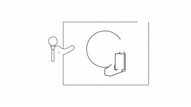 Bir sunucunun ekrandaki saati ve akıllı telefonu gösteren basit bir çizgi çizimi, zaman yönetimi kavramlarını betimliyor.