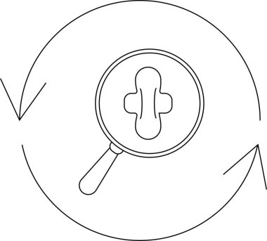 Adet döngüsü takibini tasvir eden basit bir çizgi sanat ikonu, dairesel bir okun içindeki hijyenik pede odaklanmış bir büyüteç içeriyor..
