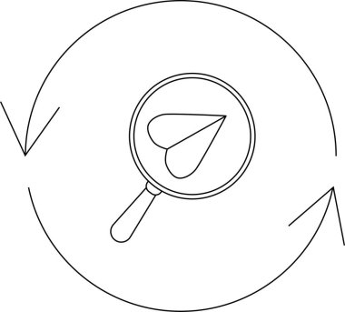 Büyüteç altındaki kağıttan uçak, dairesel oklarla çevrili, arama ya da inceleme sürecini simgeliyor..